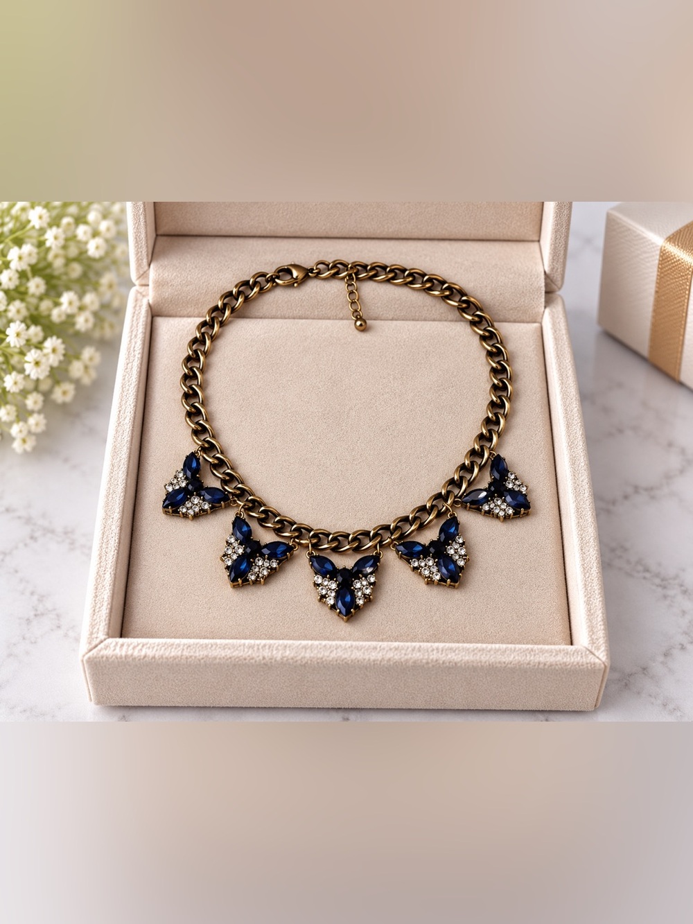 J. Crew Navy and Gold Dainty Statement Necklace with Crystal Drops